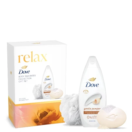 DOVE SET W.RELAX(GEL ZA TUŠIRANJE 250ML+SAPUN 90G+PUFNA)