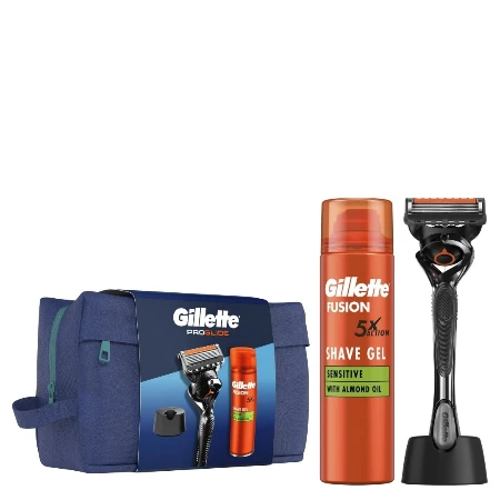 GILLETTE SET PROGLIDE(BRIJAČ FUSION+GEL FUSION 5 SENSITIVE 200ML+STALAK)NESESER