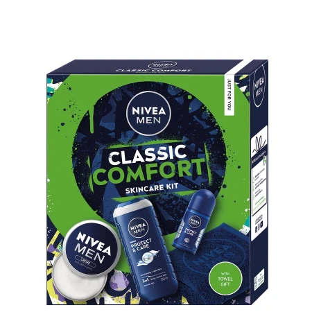 NIVEA SET MEN CLASSIC COMFORT (GEL ZA TUŠIRANJE 250ML + ROLL-ON 50ML + MEN KREMA UNIVERZALNA 150ML + PEŠKIR)