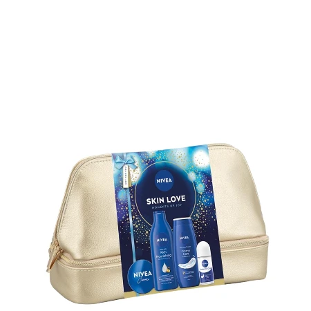 NIVEA SET W SKIN LOVE (GEL ZA TUŠIRANJE 250ML + MLEKO ZA TELO 400ML + ROLL-ON 50ML + UNIVERZALNA KREMA 75ML) NESESER
