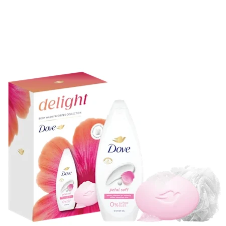 Prikaži detaljnije DOVE SET W.DELIGHT PETAL (GEL 250ML + SAPUN 90G + PUFNA)