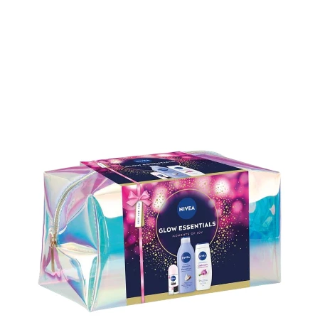 NIVEA SET W GLOW ESSENTIALS (GEL ZA TUŠIRANJE 250ML +  MLEKO ZA TELO 400ML + ROLL-ON 50ML) NESESER