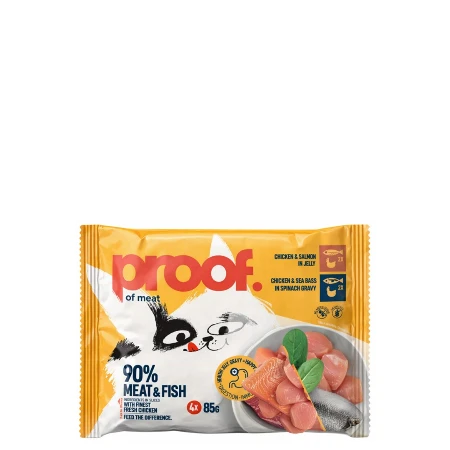 PROOF KOMADIĆI U ŽELEU ZA MAČKE MULTIPACK(2X85G PILETINA I BRANCIN U SOSU OD SPANAĆA + 2X85G PILETINA I LOSOS)