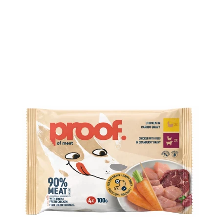 PROOF KOMADIĆI U ŽELEU ZA PSE MULTIPACK(2X85G PILETINA U SOSU OD ŠARGAREPE + 2X85G PILETINA I GOVEDINA U SOSU OD BRUSNICA)